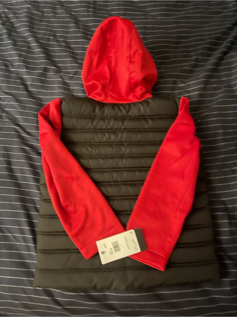 Jordan Black Quilted Puffer Jacket with Red Hood & Red Sleeves